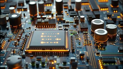 Close up view of computer motherboard with circuits and glowing copper lines. 