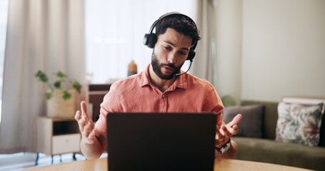 Aufkleber - Man, headset and laptop for remote work, virtual assistant or consultant for help in home. Male person, call center and customer service hotline with agent, talk and explanation for support webinar