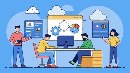 Team of developers working on project management and software development with dashboards and cloud computing, flat illustration of modern office teamwork and collaboration.