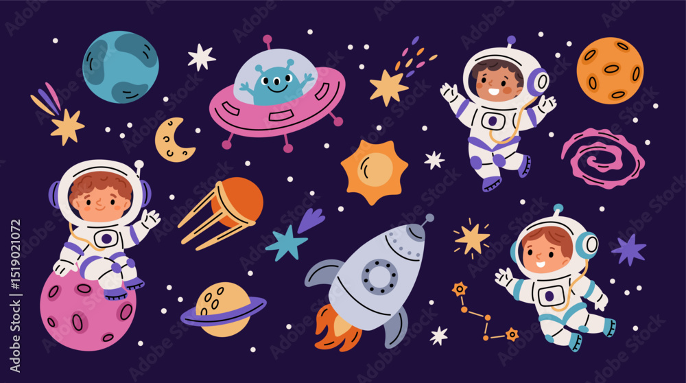 Kids astronauts and space elements. Little cosmonauts, funny children ...