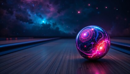  A vibrant, galaxy-themed bowling ball, with swirling colors and stars, resting on a dark, cosmic-themed lane, with a faint glow from distant nebula.
