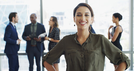 Aufkleber - Office, businesswoman and portrait with confidence for about us, professional career and secretary. Workplace, female person and assistant with happiness for meeting, ambition and smile with pride