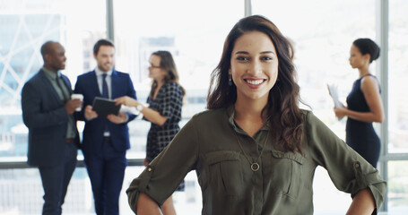 Aufkleber - Office, businesswoman and portrait with happiness for about us, professional career and secretary. Workplace, female person and assistant with confidence for meeting, ambition and smile with pride