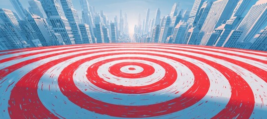 Poster - Large dart target on city center. Business focus aim for success achievement. Generative AI technology.	
