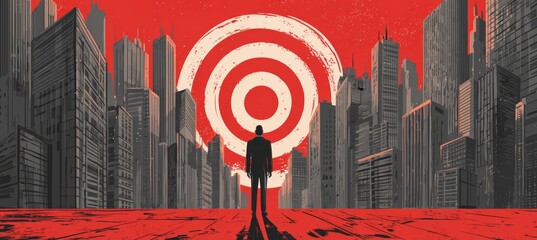 Poster - Businessman silhouette looking at goal target. Business focus aim for success achievement. Generative AI technology.	
