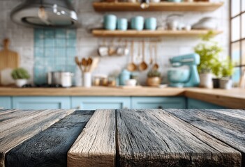 Aufkleber - Empty wooden table presenting blurred modern kitchen interior background, ideal for product placement