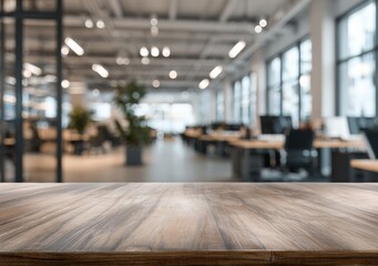 Aufkleber - Empty wooden desk for displaying products with a blurred office in the background, creating a professional and modern workspace