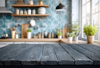 Aufkleber - Empty black wooden table top with blurred modern kitchen in background, perfect for product placement