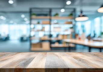 Aufkleber - Empty wooden table top with blurred modern open space office background for product display or presentation
