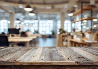 Aufkleber - Empty wooden table for product placement or montage with a blurred modern office background and several desks