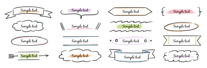 Fototapete - Text box hand drawn frame title banner set. Hand drawn doodle line banner, ribbon line label memo shape elements. Cute design marker stroke text box title, headline decoration. Vector illustration