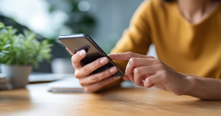 close up view of hands browsing a mobile phone on a wooden office table, with a softly blurred backg
