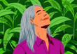 © Westend61 - Illustration of a smiling woman with gray hair enjoying nature surrounded by green plants