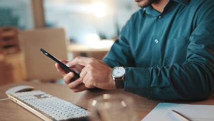 Aufkleber - Business, hands and man with phone in office for checking schedule, mobile chat or email response. Professional, employee or scroll on smartphone for calendar update, communication or online research