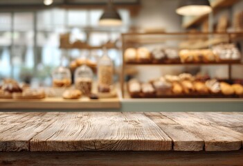 Aufkleber - Empty wooden table positioned in front of a softly blurred bakery shop background, creating an ideal setting for product montages and displays