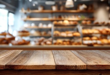 Aufkleber - Wooden table providing ideal space for showcasing products against a blurred bakery backdrop, creating a warm and inviting atmosphere