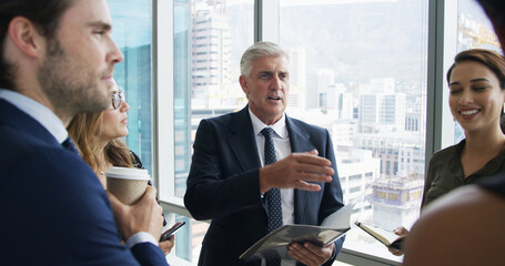 Aufkleber - Discussion, briefing and business people with manager in office for corporate budget feedback. Meeting, paperwork and team of financial advisors with mentor for investment planning in workplace.