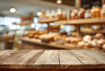 Aufkleber - Empty wooden table top with blurred bakery shop background provides ideal space for product placement