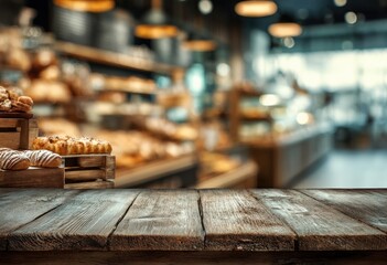 Aufkleber - Empty wooden table top with blurred bakery background provides ideal space for product placement and display