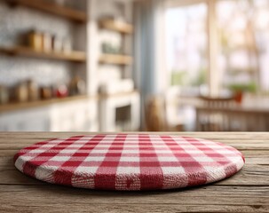 Poster - Round pizza board lying on a wooden surface with a checkered tablecloth, perfect for product display montage in a blurred kitchen setting