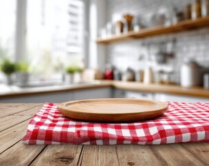 Aufkleber - Empty round wooden plate on red and white checkered tablecloth on wooden table with blurred kitchen in background
