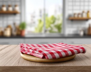 Poster - Wooden table with red and white checkered tablecloth on blurred kitchen background, ideal for product placement