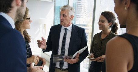 Aufkleber - Documents, man and business people in office, planning and feedback for budget proposal. Employees, group and leader in workplace, conversation and report for tax audit, support and company growth