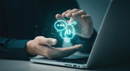 ai chatbot technology person presenting digital ai assistant on laptop