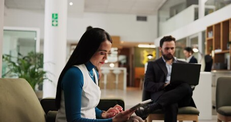 Leinwandbilder - Hotel, guest and business people with tech, lobby and woman with tablet for financial report or web. Online, customer and man with laptop for project, hospitality and typing for research in motel