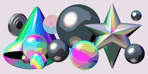 Wall Mural - A dynamic vector composition featuring metallic abstract shapes with iridescent holographic textures and smooth reflective gradients on a dark background.