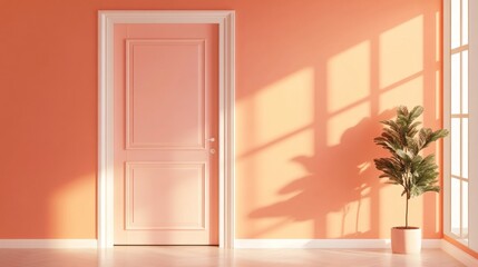 Fototapete - A pastel-colored room features a closed door and a potted plant casting shadows in warm light. Sunlight streams through windows, enhancing the tranquil vibe of the space
