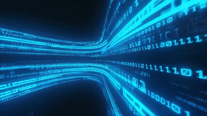 flowing digital data, primarily composed of glowing blue binary code and abstract patterns against a dark background