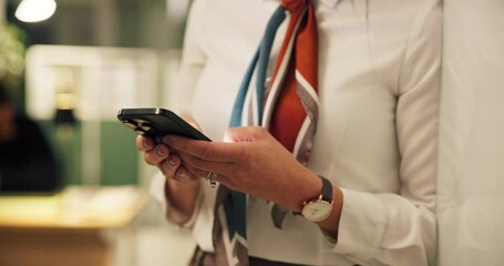 Poster - Hands, phone and texting at startup, contact and night at office for networking, deal and chat. Person, smartphone and communication with mobile app, scroll and check notification at creative agency