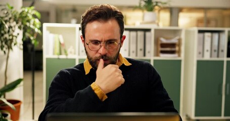 Aufkleber - Business, laptop and thinking with accountant man in office at night for bookkeeping or tax audit. Computer, finance and problem solving with accounting employee in workplace for evening deadline