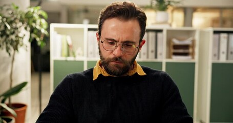Leinwandbilder - Thinking, glasses and man with laptop, office and employee with plan, serious or marketing strategy. Reflection, brand manager and person with tech for ad campaign, contemplating and research on web