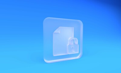 Wall Mural - Frosted glass Document and lock icon isolated on blue background. File format and padlock. Security, safety, protection concept. Square frosted glass button. 3D render illustration