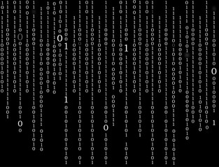 black background with white code zero and one,falling numbers like matrix