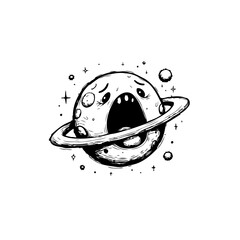 Sad planet cartoon illustration with cosmic tears and celestial melancholy vibes