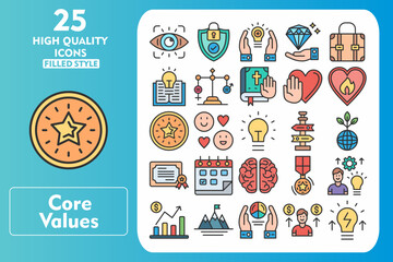  Core values Line Filled Icon Set. Incleded Icons Vision, Privacy, Positivity, Value Proposal, Briefcase, Knowledge, Gender Equality, Oath, Hand. Vector Icons Collection