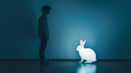 Leinwandbilder - This person stands in dim light, interacting with a realistic, glowing rabbit hologram.