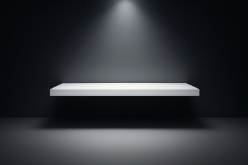 Wall Mural - minimalist floating white shelf under spotlight on dark background for advertising or product displa