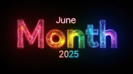 Wall Mural - Futuristic neon wireframe text reading June Month 2025 with rainbow gradient glow on dark background Generative AI