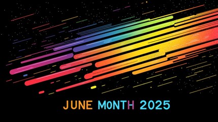 Wall Mural - Colorful futuristic rainbow light streaks with June Month 2025 text over black starry background design Generative AI