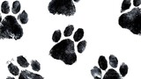 Striking black dog paw prints scattered across a clean white background with a bold expressive ink brush texture providing a grungy organic feel to the image