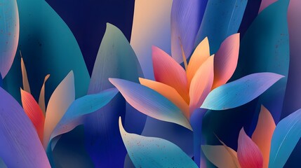 Aufkleber - A visually striking abstract floral featuring overlapping botanical leaves and vibrant gradient flowers in a minimalist flat design style