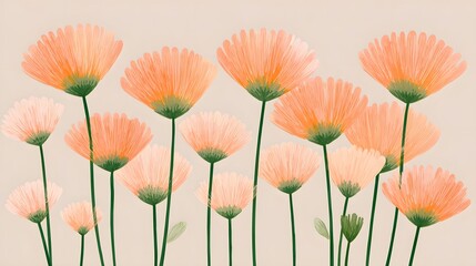 Poster - A whimsical and delicate arrangement of stylized daisies in soft peach tones set against a minimalist pastel background creating a serene and natural botanical layout