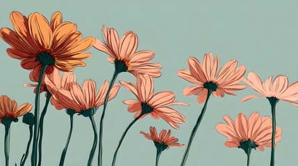 Poster - rendering of stylized daisies with peach colored petals against a soft pastel background creating a botanical and minimalist aesthetic