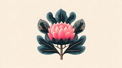 Poster - Stylized botanical featuring a striking pink flower with a central bloom surrounded by bold symmetrical green leaves in a minimalist vector style design