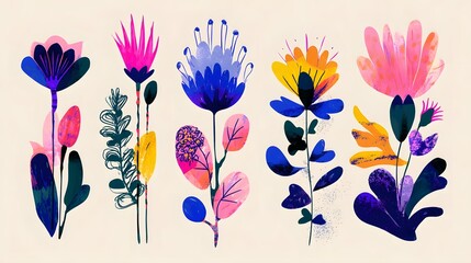 Poster - A vibrant collection of fantasy garden flowers with bold abstract stems and leaves rendered in a modern flat style