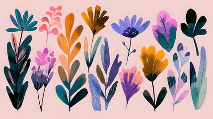 Poster - Vibrant and imaginative collection of fantastical garden flowers with bold abstract stems and leaves in a modern flat style
